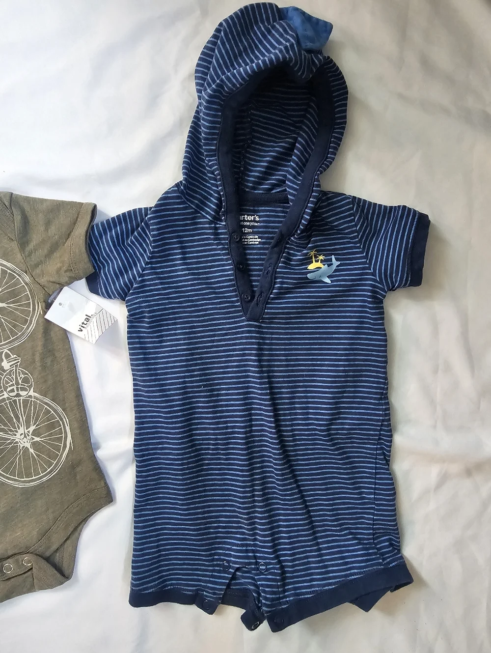 Set Of 6-12 Month Unisex One Pieces- Green Bicycle Onesie NWT & Striped Romper